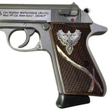 Walther PPK/S grips made of walnut wood with custom logos made of silver.