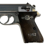 Walther PPK/S grips made of Root walnut with custom logo and text made of  Silver.