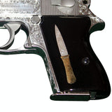 Walther PPK grips made of Black Acrylic with custom logo made of  Silver and brass.1