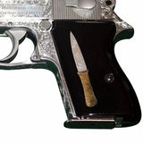 Walther PPK grips made of Black Acrylic with custom logo made of  Silver and brass.