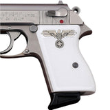 Walther PPK grips made of White Acrylic with custom logo made of  Silver.