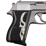Walther PPK grips made of Black Acrylic with custom logo made of  Silver and brass.
