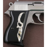 Walther PPK grips made of Black Acrylic with custom logo made of  Silver and brass.4