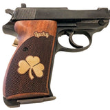 Walther P38 grips made of Walnut Wood with custom logo and text made of Brassright