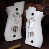 Beretta 81FS Custom Pistol Grips made from white Acrylic wiith custom silver logos..