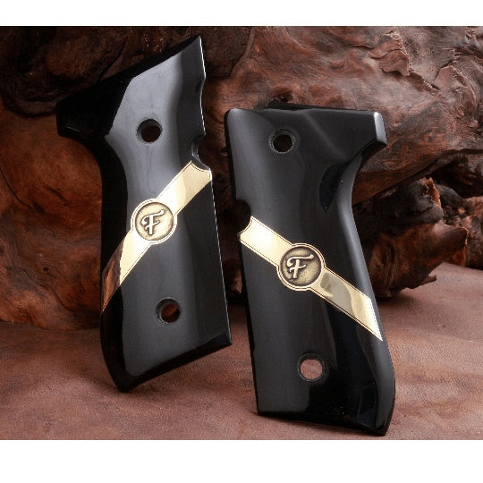 Beretta 92 compact grips made of Black Acrylic with custom logo made of Brass