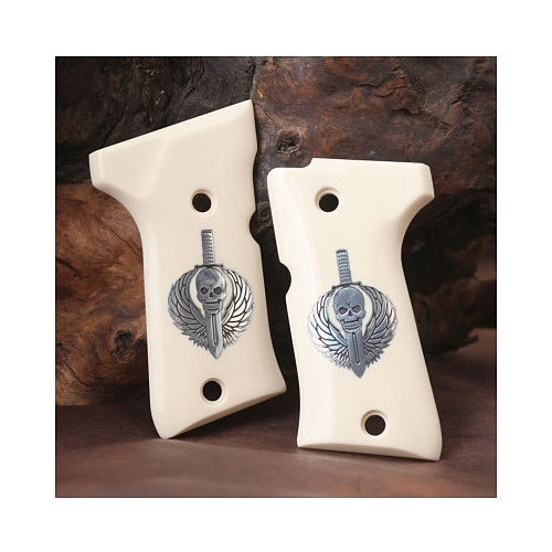 Beretta 92 Compact grips made of Ivory Acrylic with custom logo made of Silver