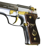 Beretta 92FS grips made of walnut wood with custom logo and text made of Brass.