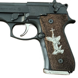 Beretta 92FS grips made of walnut wood with custom logos made of silver.