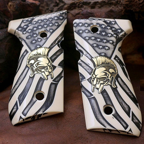 Beretta 92FS grips made of Ivory Acrylic  with custom logo made of Brass