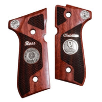 Beretta 92FS grips made of Rosewood with custom logos and text made of silver.