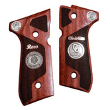 Beretta 92FS grips made of Rosewood with custom logos and text made of silver.
