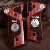 Beretta 92FS grips made of Rosewood with custom logos and text made of silver..