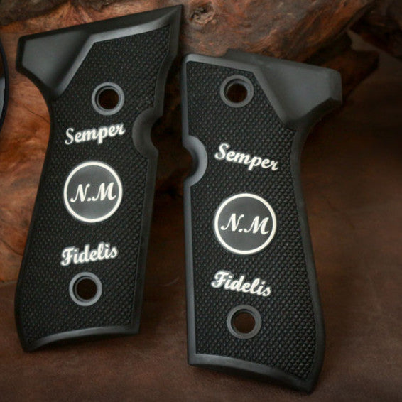 Beretta 92FS grips made of Black Acrylic with Custom Logo made of Silver.