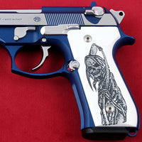 Beretta 92FS grips made of White Acrylic with custom logo engraving.left