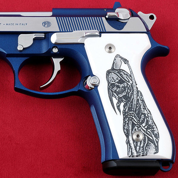 Beretta 92FS grips made of White Acrylic with custom logo engraving.left