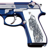 Beretta 92FS grips made of White Acrylic with custom logo engraving.