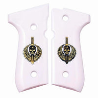 Beretta 92FS grips made of white Acrylic and custom logo made of Brass