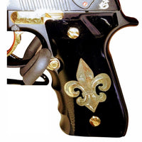Beretta 92FS grips made of black Acrylic with custom logo made of Brass.