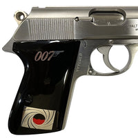 Walther PPK grips made of Black Acrylic with custom logos made of  Silver.