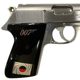 Walther PPK grips made of Black Acrylic with custom logos made of  Silver.