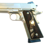 Close-up of Colt 1911 custom grips by Bestpistolgrips, showing detailed wood grain and ergonomic design on the handgun.