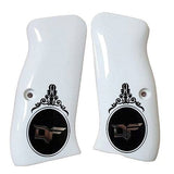 CZ 97 B custom grips made of white PMMA acrylic with silver custom logo, designed for improved grip and style.