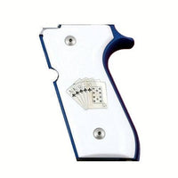 Beretta 92FS grips made of White Acrylic with Custom Logo made of silver.