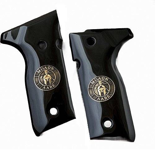 Beretta 92FS grips made of black PMMA Acrylic with custom logo made of brass.