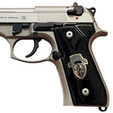 Black acrylic Beretta 92G custom pistol grips with silver custom logo, designed for ergonomic handling and stylish appearance.