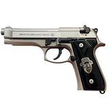 Black acrylic Beretta 92G custom pistol grips with silver logo for improved grip and style.