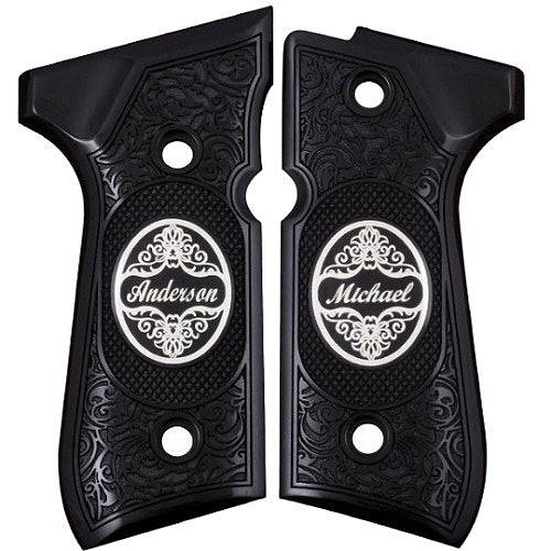 Beretta 92G grips made of Black Acrylic and custom logo made of  silver.