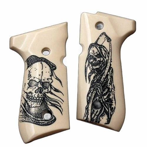 Beretta 92G grips made of Ivory PMMA Acrylic with custom engraving.