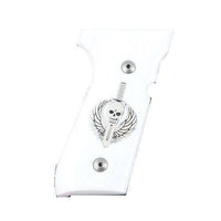 Beretta 92G grips made of White Acrylic with Custom Logo made of silver.