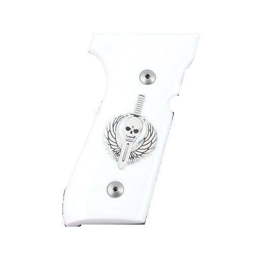 Beretta 92G grips made of White Acrylic with Custom Logo made of silver.