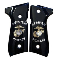 Beretta 92G grips made of Black Acrylic with custom Logo made of Silver&Brass.