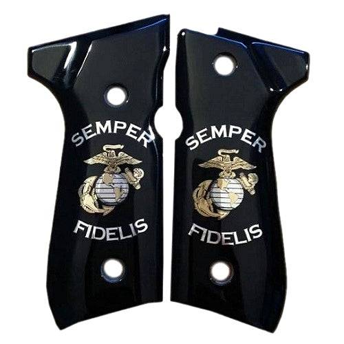 Beretta 92G grips made of Black Acrylic with custom Logo made of Silver&Brass.