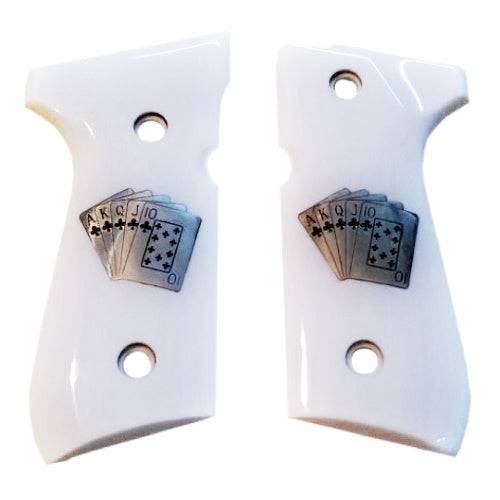 Beretta 92G grips made of White Acrylic PMMA with Poker Cards made of Silver.