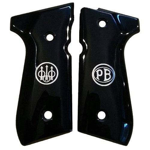 Beretta 92G grips made of Black Acrylic PMMA with custom logos made of silver.