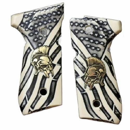 Beretta 92G grips made of Ivory Acrylic with custom Logo made of brass.