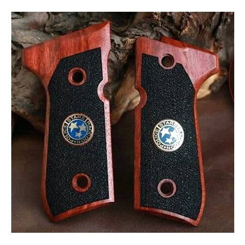 Beretta 92G grips made of rosewood with custom logo made of silver.