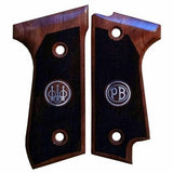 Rosewood Beretta 92S custom grips with silver logos, designed for enhanced grip and aesthetic appeal.