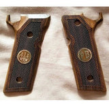Beretta 92 Steel I custom walnut wood pistol grips with silver custom logos, designed for improved grip and style.