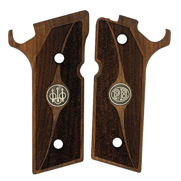 Beretta 92 Steel 1 Custom Pistol grips made of walnut wood with custom logos made of silver.