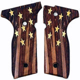 Walnut wood custom grips with brass logo for Beretta Cougar 8000 pistol, featuring detailed craftsmanship and ergonomic design.