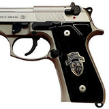 Black acrylic Beretta M9A1 custom pistol grips with silver custom logo, designed for improved grip and style.