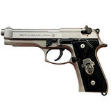 Black acrylic Beretta M9A1 custom pistol grips with silver logo, designed for improved grip and style.