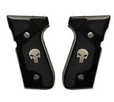 Black acrylic Beretta M9A1 custom pistol grips with silver logo, designed for enhanced grip and stylish firearm customization.