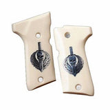 Beretta M9A1 pistol grips made from Ivory Acrylic PMMA with custom silver logo, designed for improved grip and style.