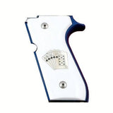 Beretta M9A1 pistol with custom white acrylic grips featuring silver logo from Bestpistolgrips.